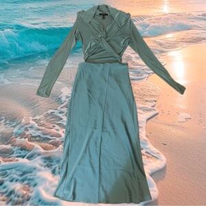 Teal long sleeve crop top and satin maxi skirt matching set